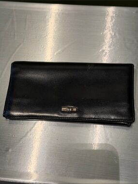 Vintage Longchamp Black Leather Continental Wallet with Gold Accent